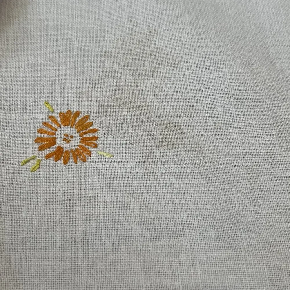 Vintage Cream Linen Tablecloth 48 in x 62 in Yellow Orange Wreath Embroidery